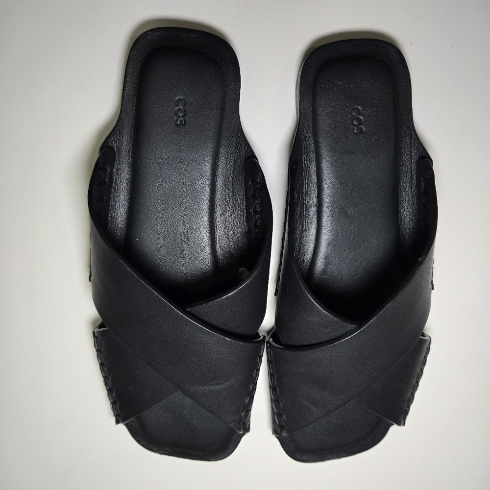 COS Womens Crossover Leather‎ Sandal Size 7.5 Black Slides Minimalist Staple - Picture 4 of 11